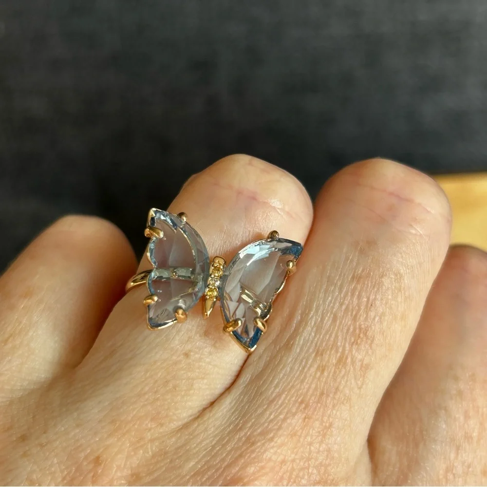 Pretty BLUE Butterfly Gemstone Fashion Ring, Gold, Adjustable